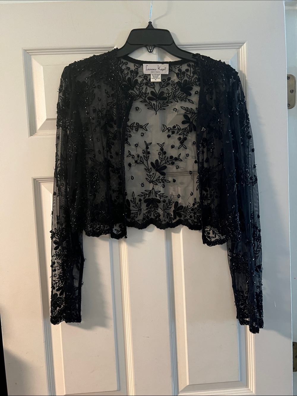Laurence Kazar Black Beaded Sheer Embroidered Cropped Cardigan